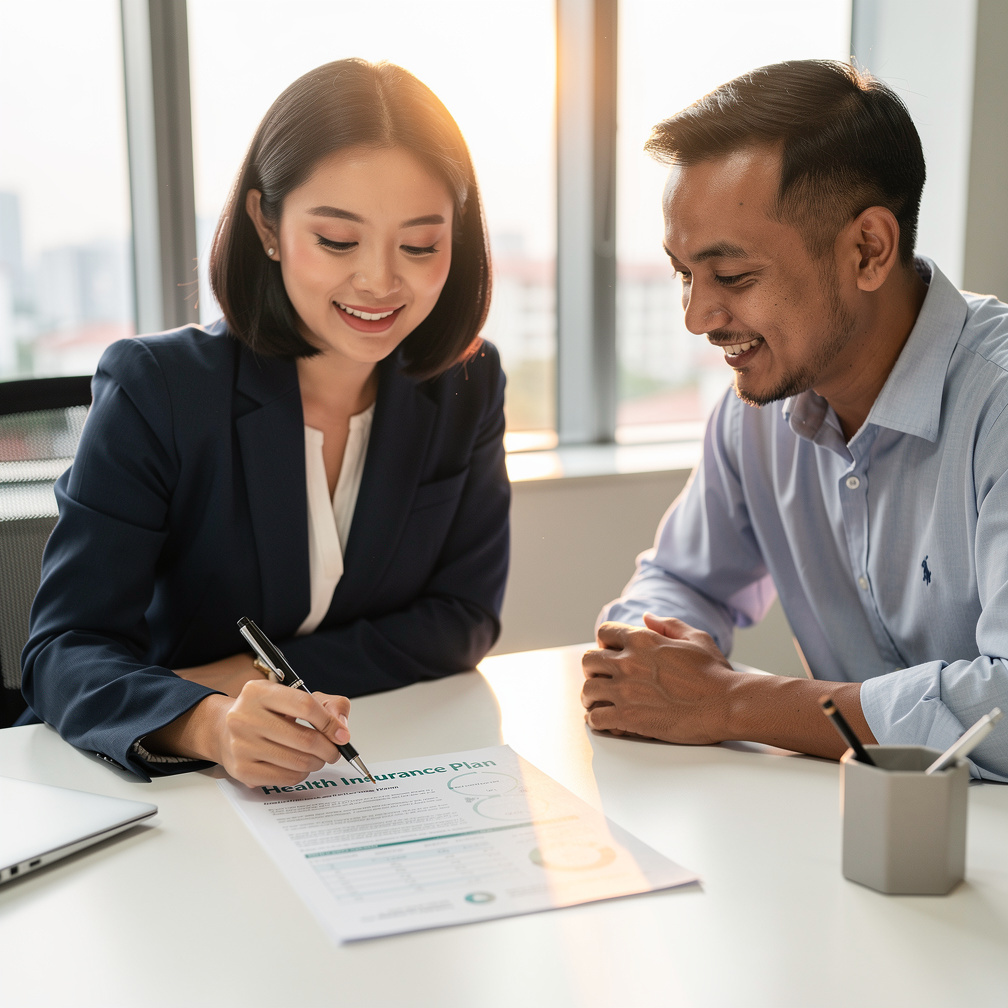 Insurance advisor discussing a health insurance plan with a client in Singapore