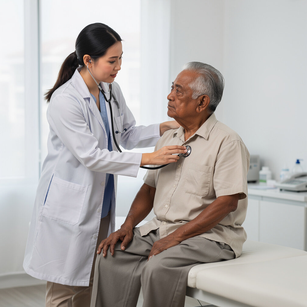 Doctor examining an elderly patient at a Singapore clinic